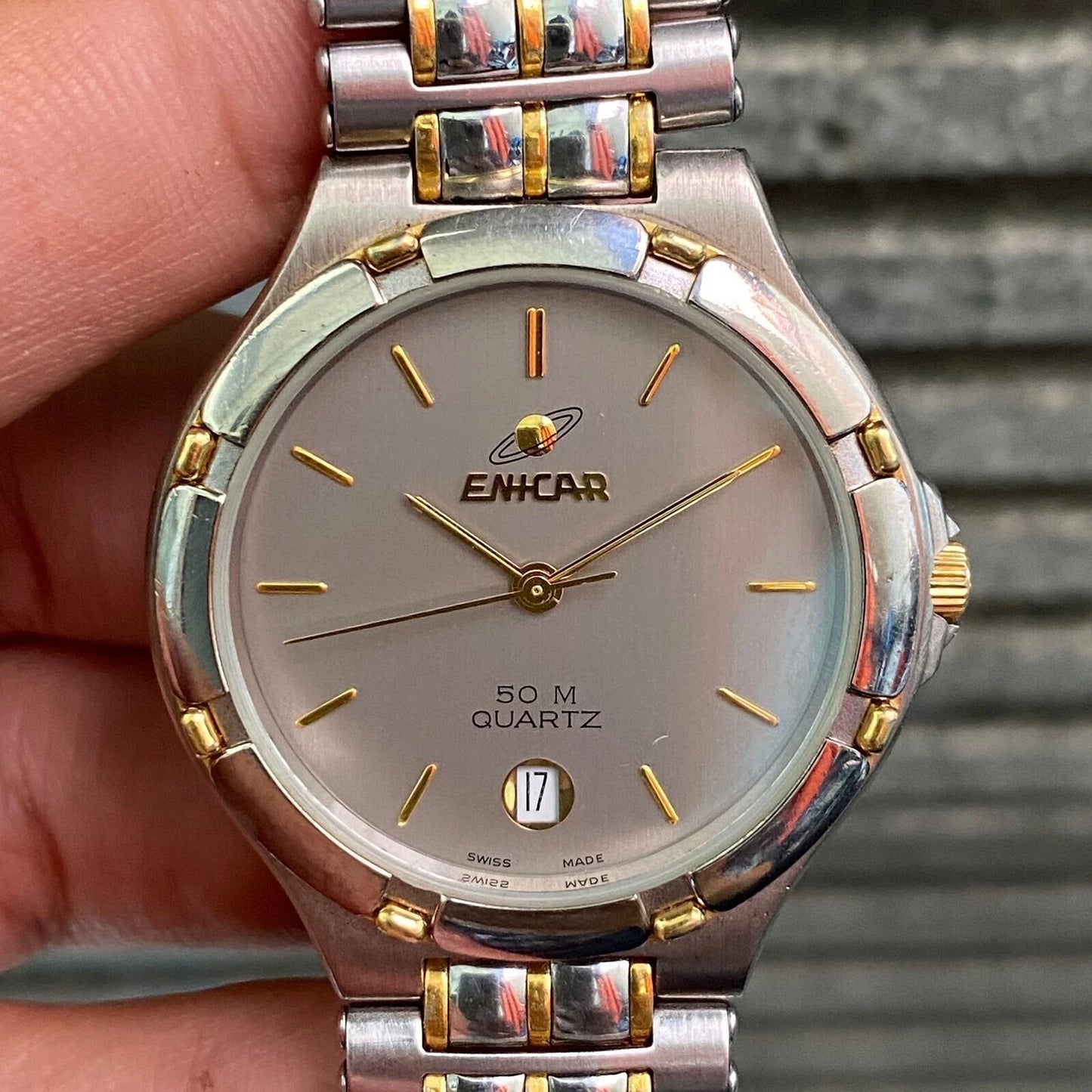RARE Enicar 50M 955.387 Quartz Swiss Two Tone Grey Dial Vintage Watch