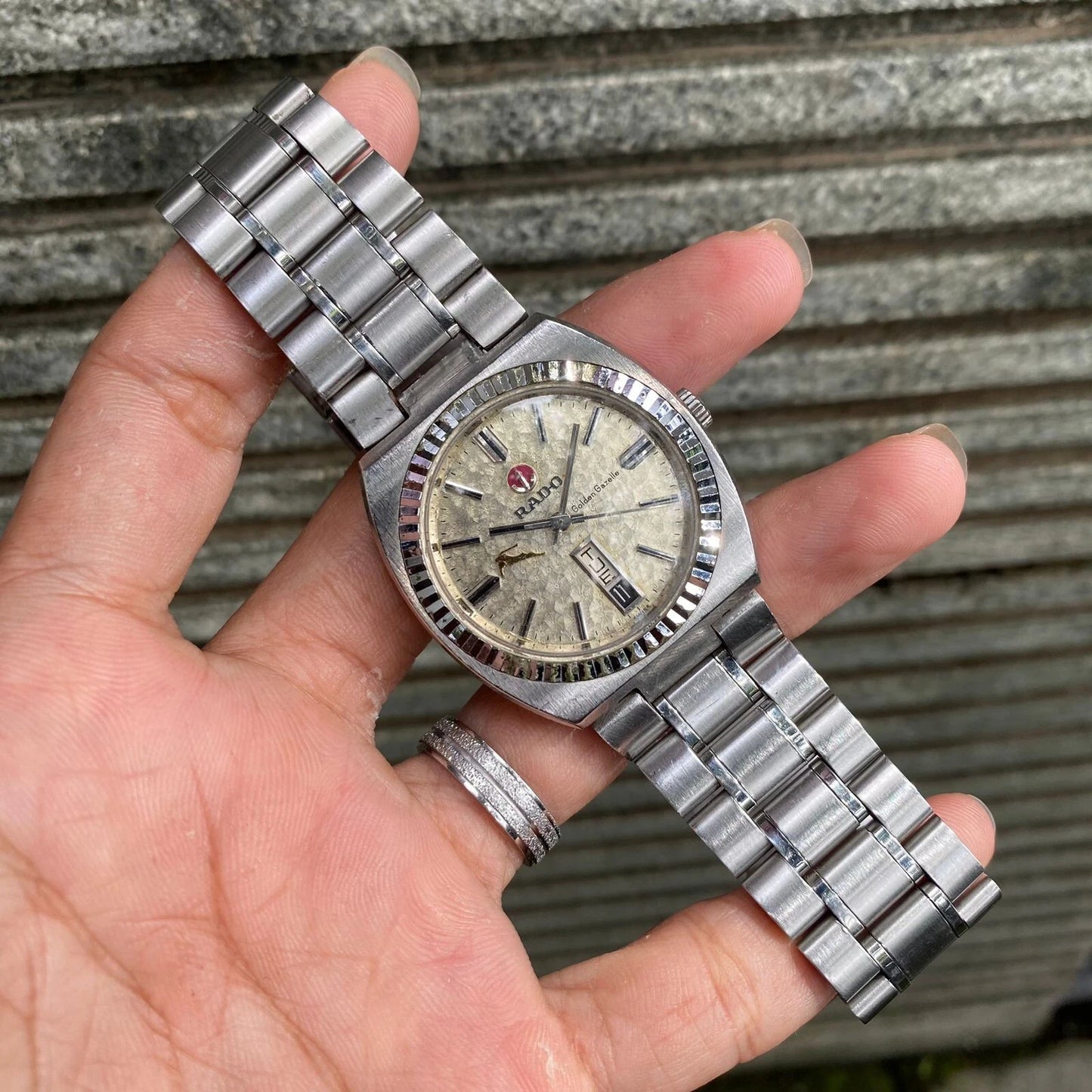RARE Rado Golden Gazzelle Automatic Day Date Pattern Dial Swiss Vintage Watch