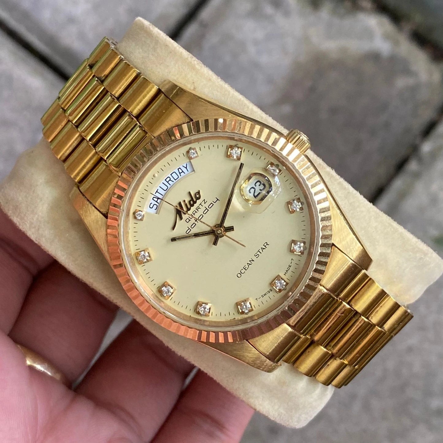 Rare Mido President Datoday Quartz Ocean Star DayDate Gold Diamond Vintage Watch