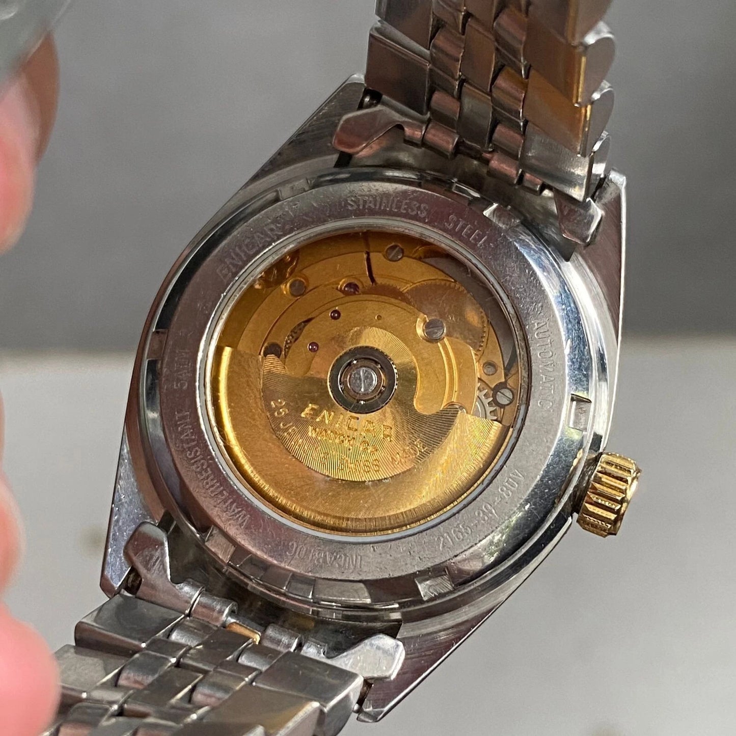 Rare Enicar Automatic 25J Roman Index White Dial TwoTone Swiss Vintage Watch Men