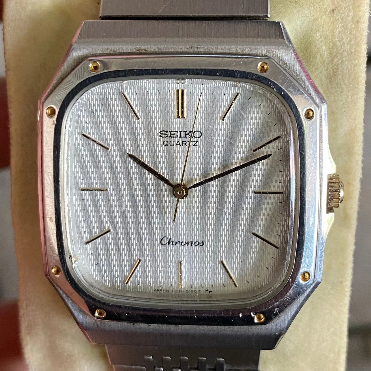 Rare Seiko Chronos Quartz 7731-5130 Square Silver Oak Style Vintage Watch Men