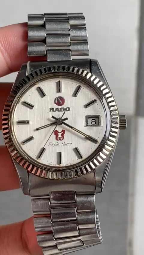 RARE Rado Purple Horse Silver Dial Fluted Bezel Automatic ETA Swiss Watch Men