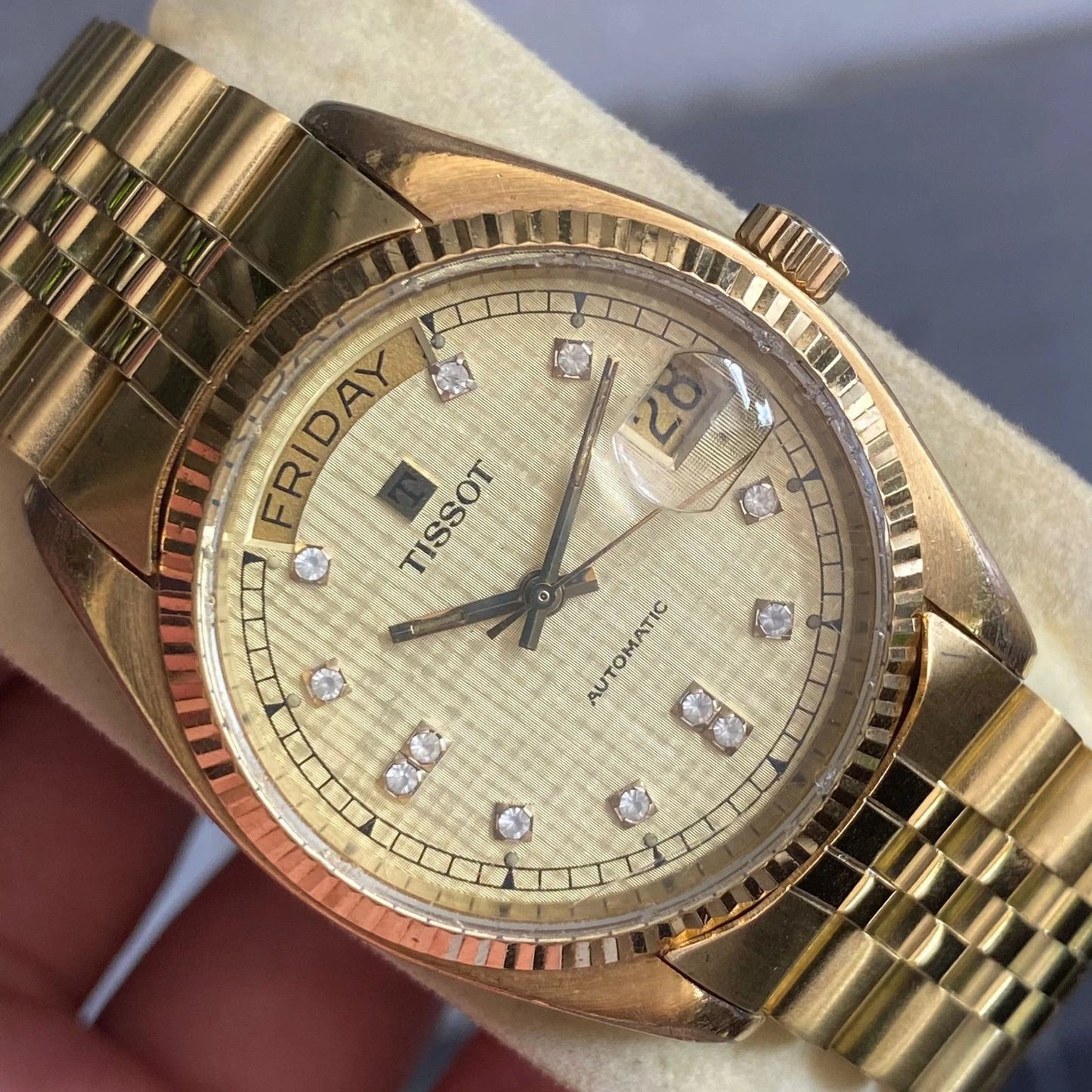 Rare Tissot President Linen Dial Gold Automatic Index Baton Watch Men Vintage