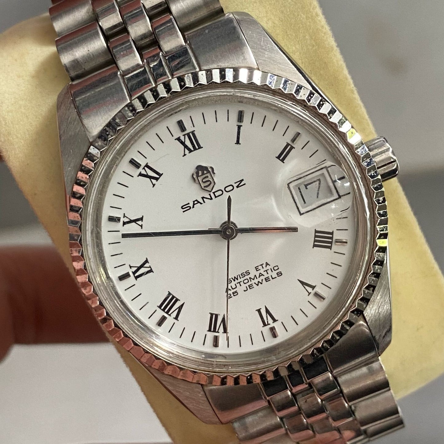 RARE Sandoz President Automatic Roman Index Diamond White Dial Swiss ETA Watch