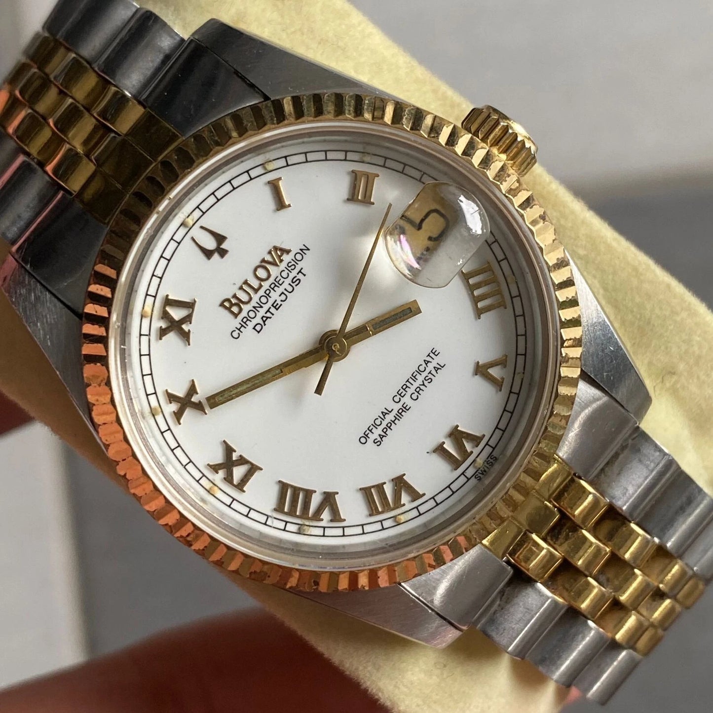RARE Bulova Chronoprecision Date Roman Index Two Tone White Dial Watch Vintage