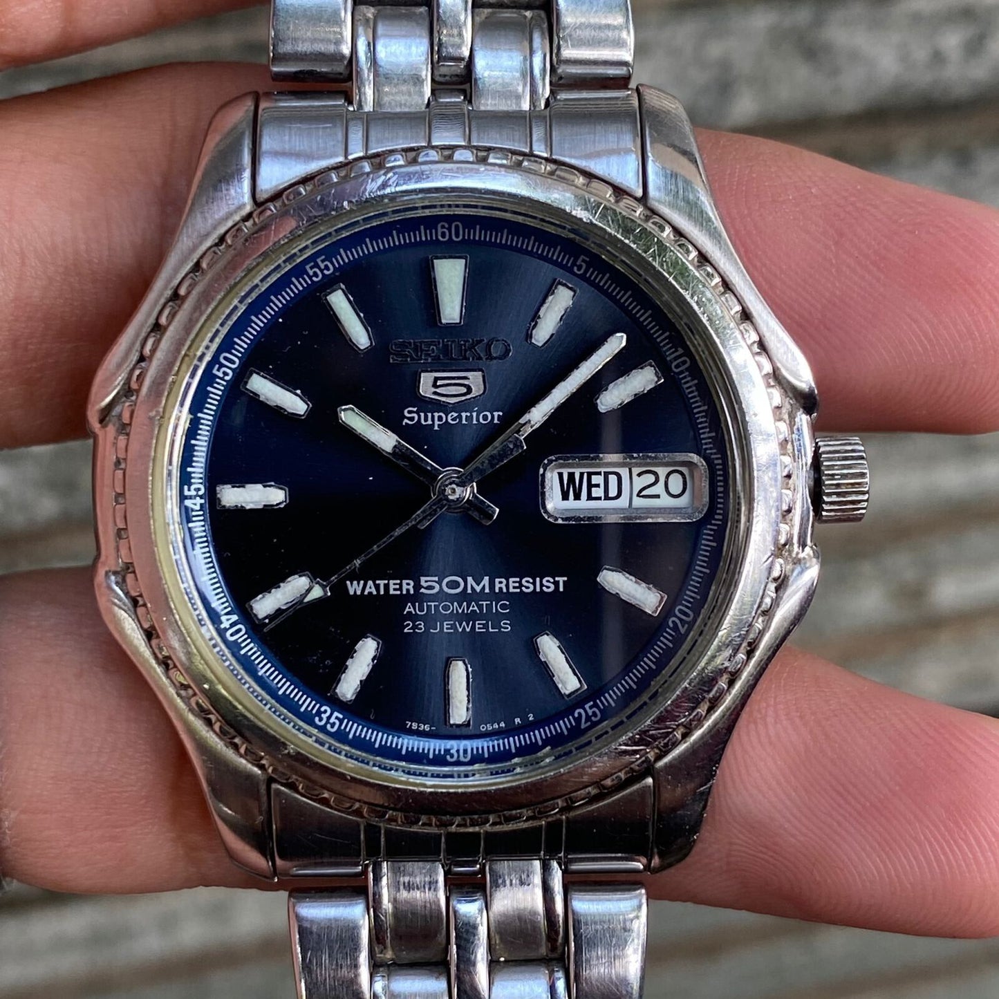 RARE Seiko 5 Superior SKZ049 Blue Dial Sunburst Automatic 7s36 Vintage Watch