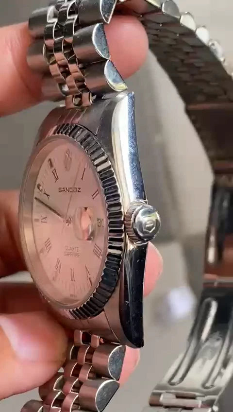 Rare Sandoz President Quartz Date Roman Index White Dial Swiss Vintage Watch Men