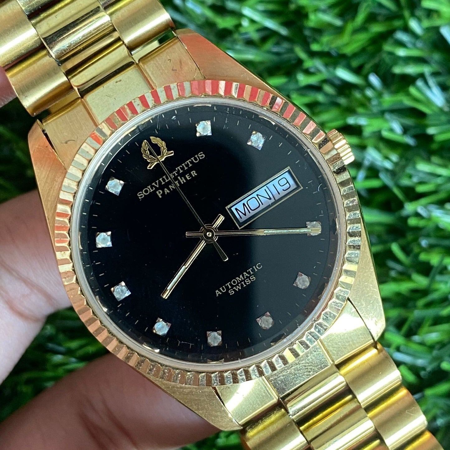 Rare Solvil et Titus Panther Automatic Day Date Index Diamond Black Dial Men
