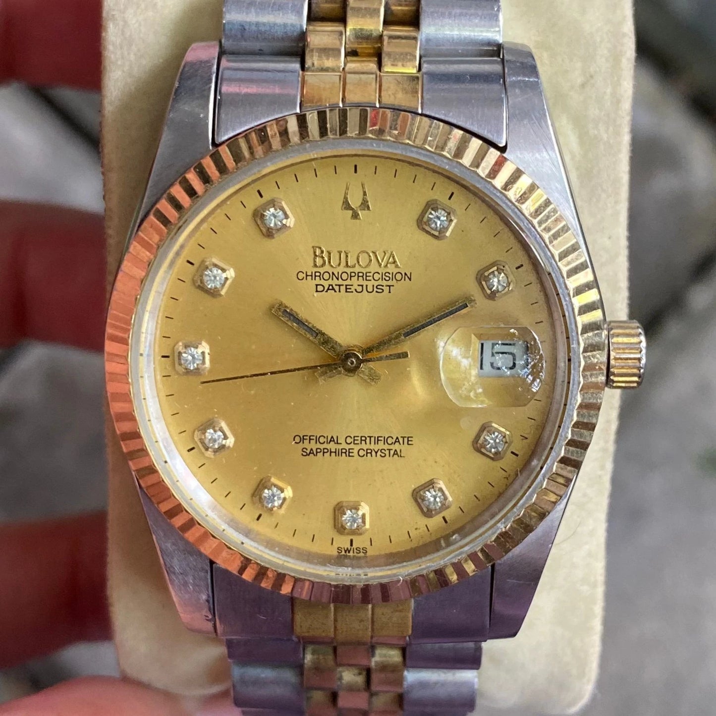 Rare Bulova Chronoprecision Date Diamond Index Gold Dial Two Tone Watch Vintage