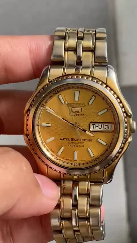 Rare Seiko 5 Superior Automatic Gold Pattern Dial 7S26 Day Date Vintage Watch