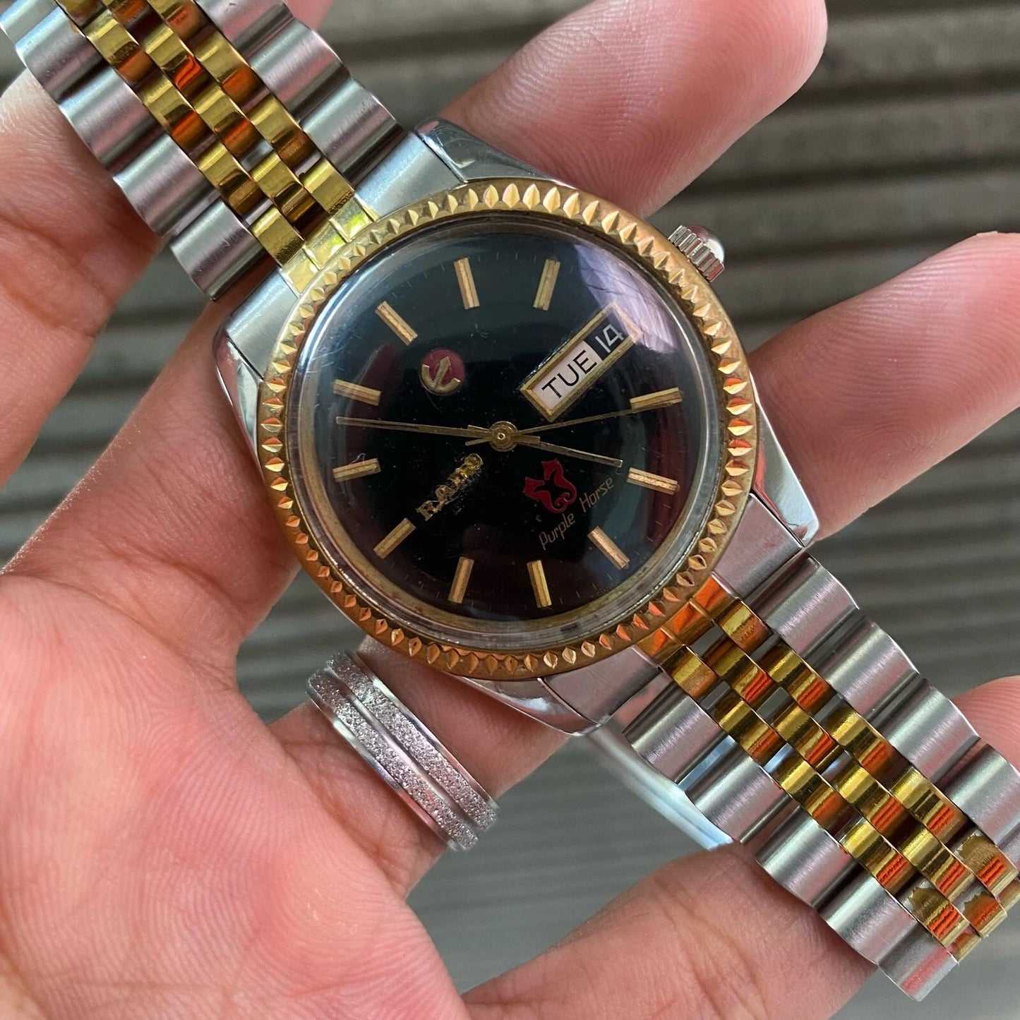RARE Rado Purple Horse Day Date Black Dial Two Tone Automatic ETA Watch Vintage