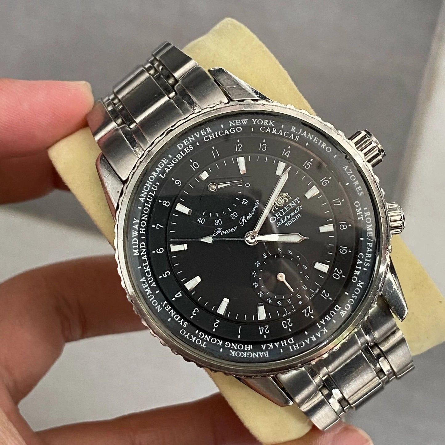 Rare Orient King Master Automatic Power Reserve Black Dial World Timer Watch Men