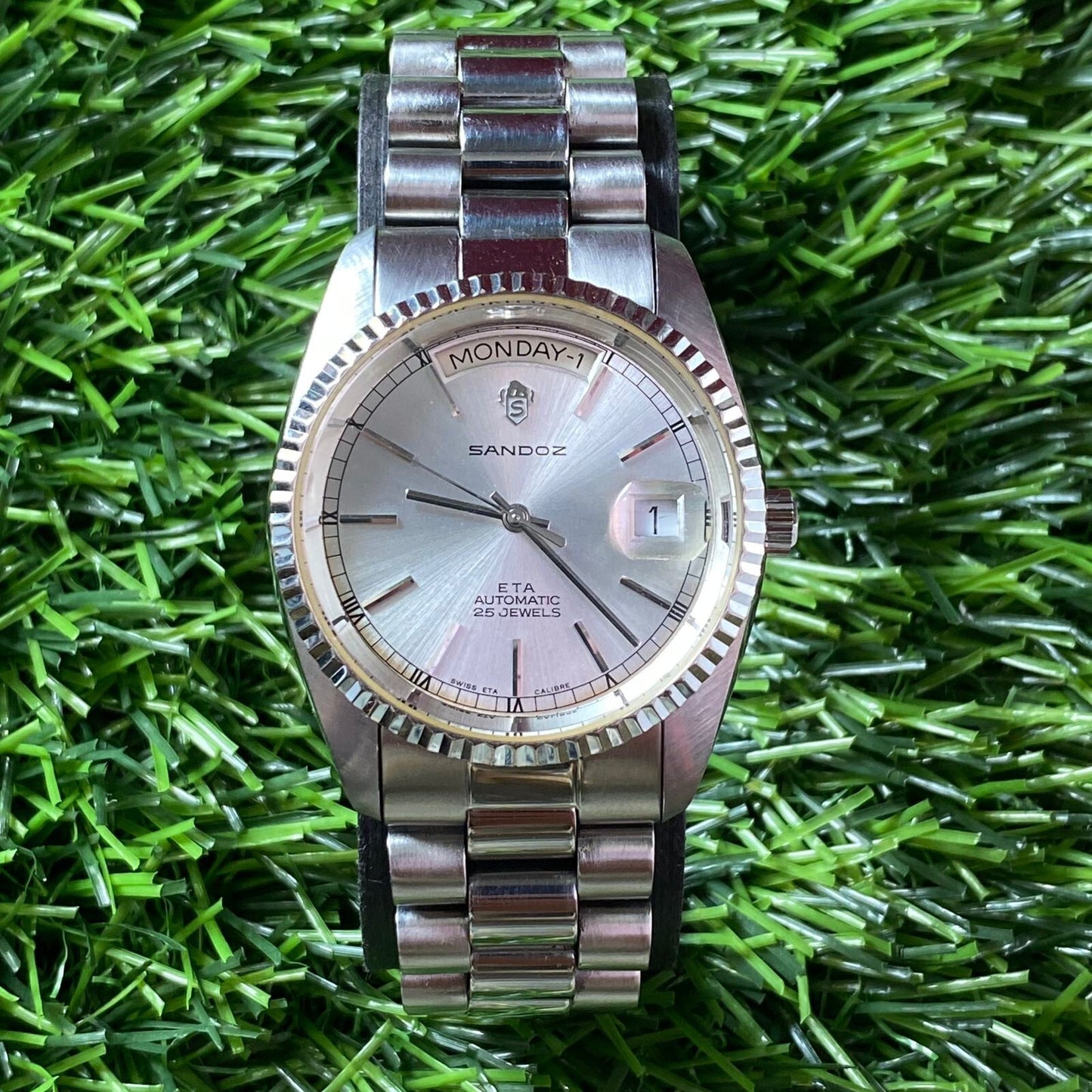 Rare Sandoz President ETA Automatic Day Date 25Jewels Swiss Watch Vintage Men JR