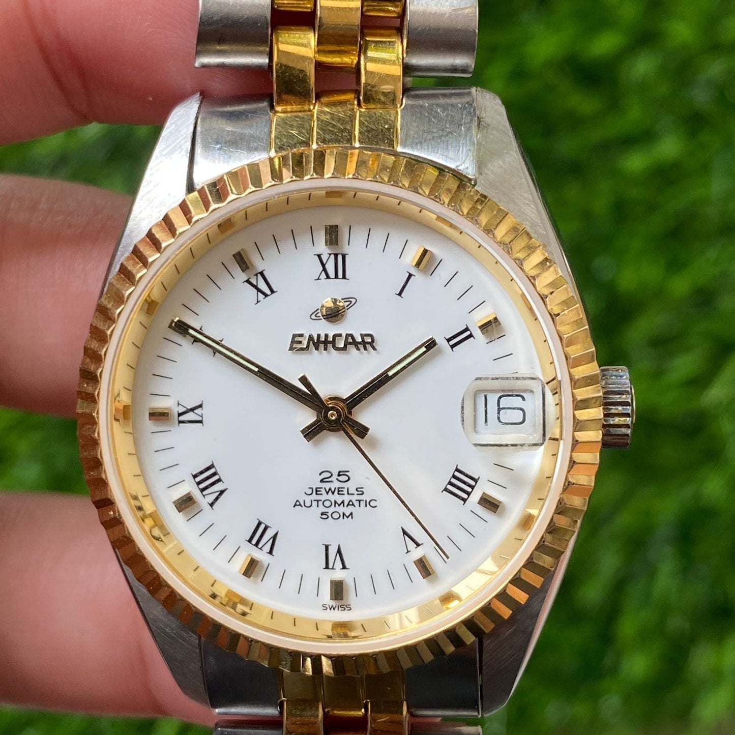 Rare Enicar Roman Index Automatic 25J Two Tone White Dial Swiss Watch Boy Size