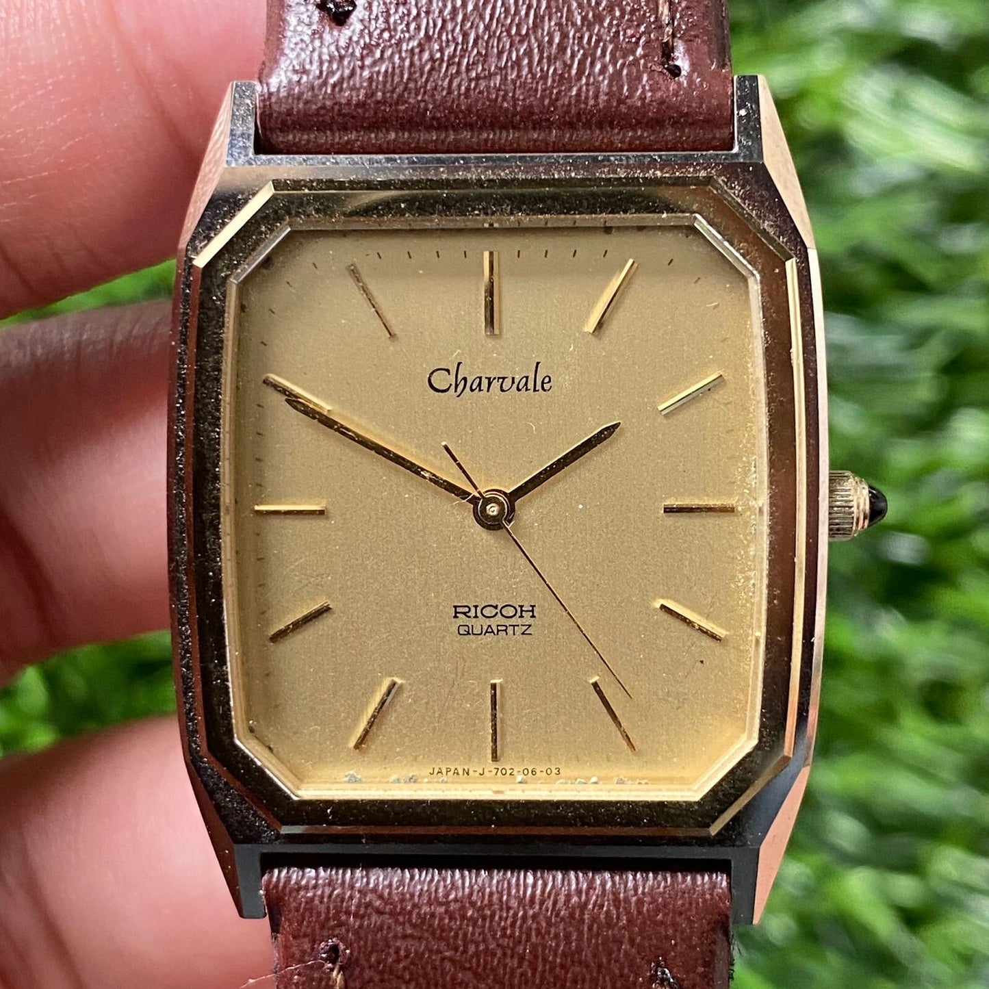 Rare Ricoh Charvale Quartz 702011 Tank Gold Dial Thungsten Dress Fashion Watch