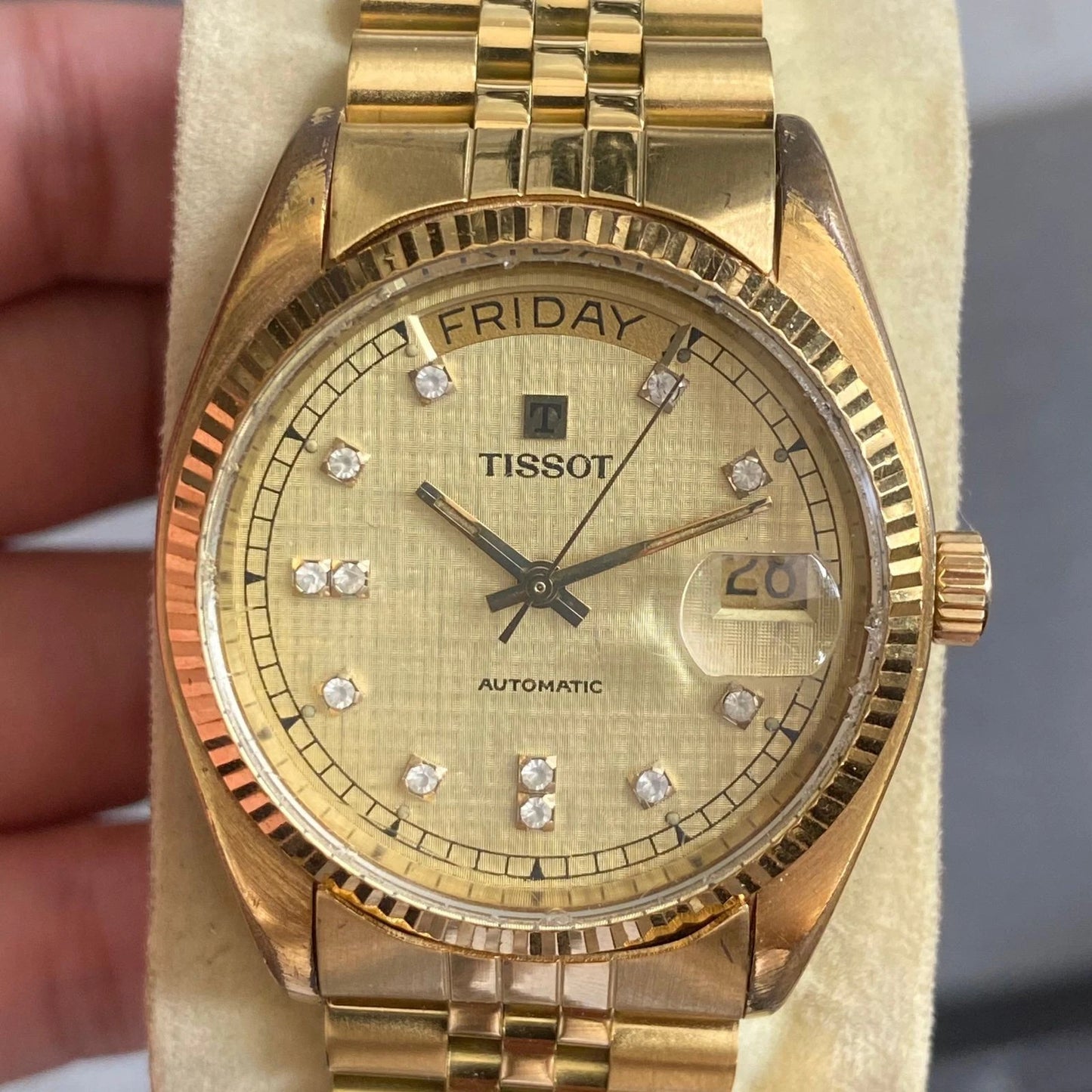 Rare Tissot President Linen Dial Gold Automatic Index Baton Watch Men Vintage