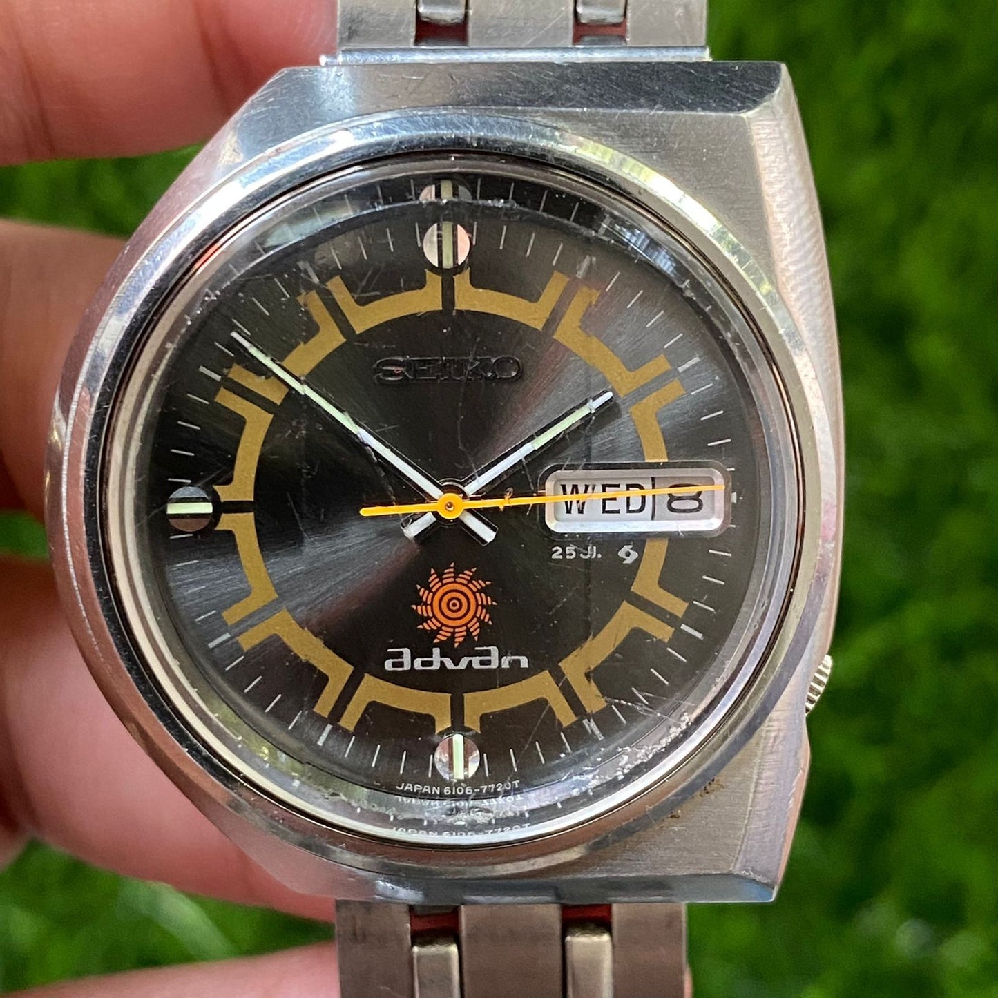Rare Seiko Advan Automatic 6106-7550 Black Dial Faceted Glass Vintage Watch Men