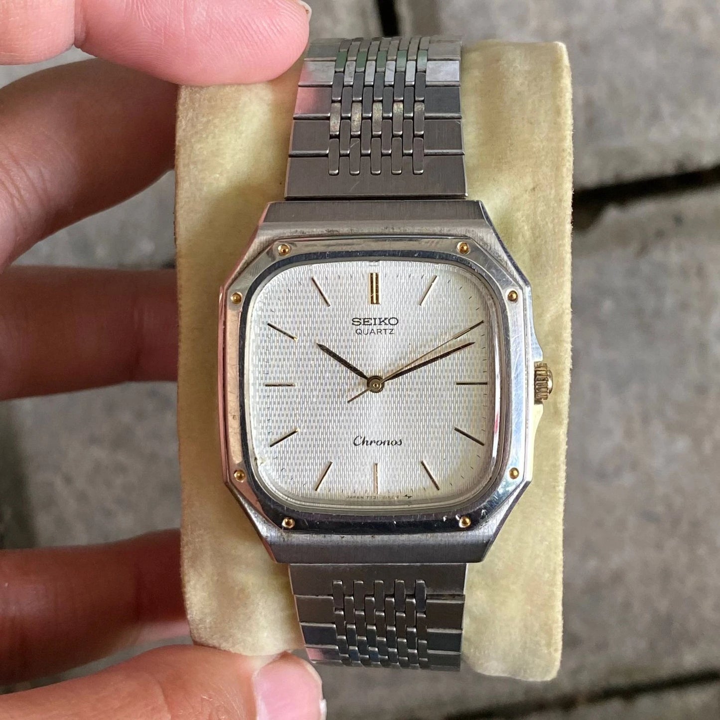 Rare Seiko Chronos Quartz 7731-5130 Square Silver Oak Style Vintage Watch Men