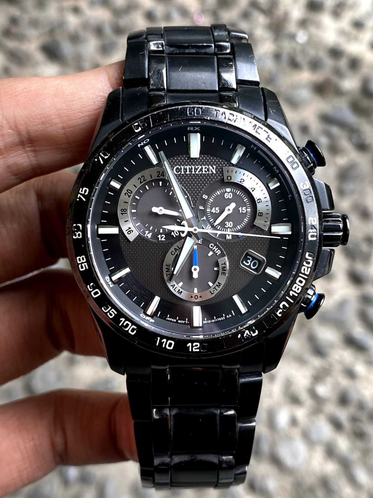Rare Citizen Eco Drive AT3025-58E Chronograph Solar Black Dial Watch Men