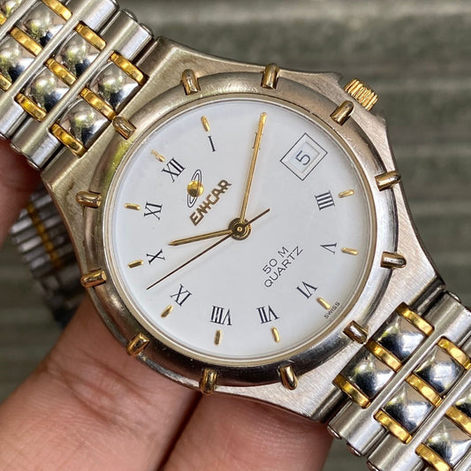 RARE Enicar 50M 955.051 Quartz Swiss Two Tone White Dial Vintage Watch