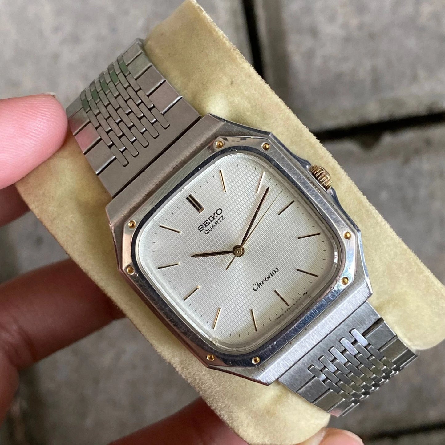 Rare Seiko Chronos Quartz 7731-5130 Square Silver Oak Style Vintage Watch Men