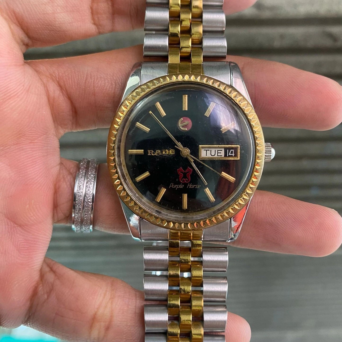 RARE Rado Purple Horse Day Date Black Dial Two Tone Automatic ETA Watch Vintage