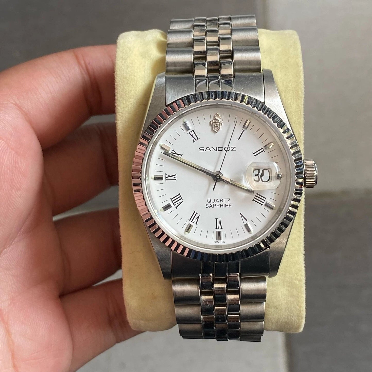 Rare Sandoz President Quartz Date Roman Index White Dial Swiss Vintage Watch Men