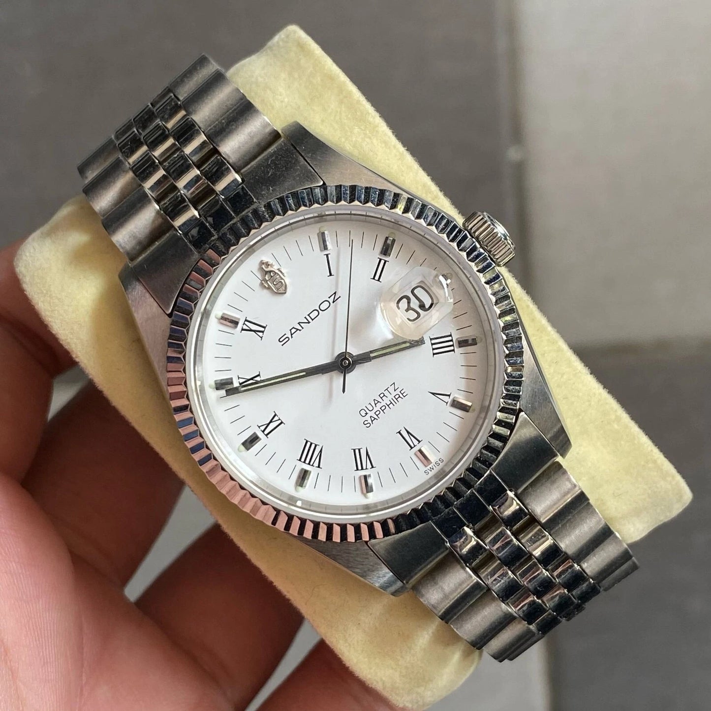 Rare Sandoz President Quartz Date Roman Index White Dial Swiss Vintage Watch Men