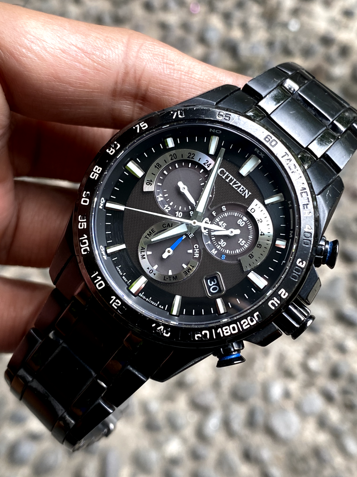 Rare Citizen Eco Drive AT3025-58E Chronograph Solar Black Dial Watch Men