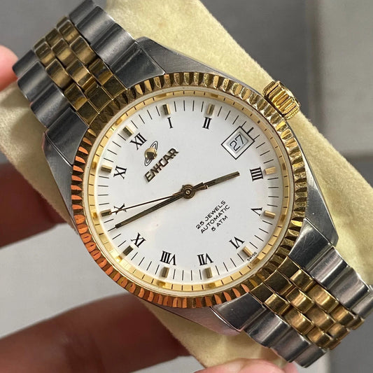 Rare Enicar Automatic 25J Roman Index White Dial TwoTone Swiss Vintage Watch Men