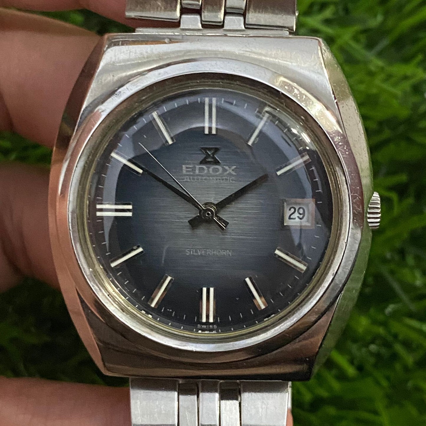 Rare Swiss Edox Silverhorn 200253 Automatic Blue Dial Sunburst Watch Swiss Men