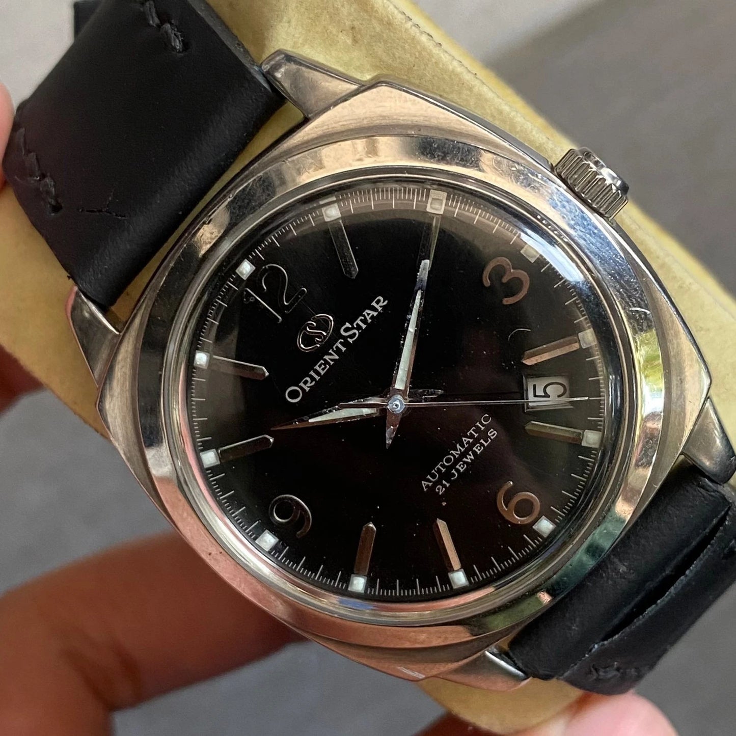 Rare Orient Star Explorer Automatic Date Black Dial Cushion Watch Vintage Men