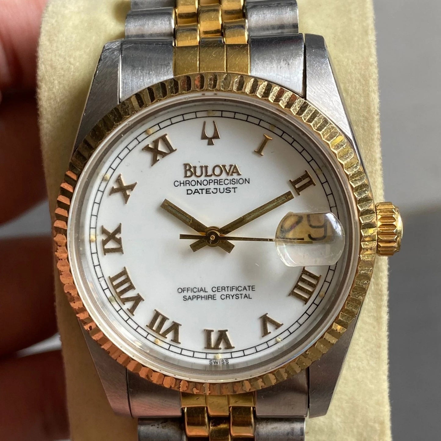 RARE Bulova Chronoprecision Date Roman Index Two Tone White Dial Watch Vintage