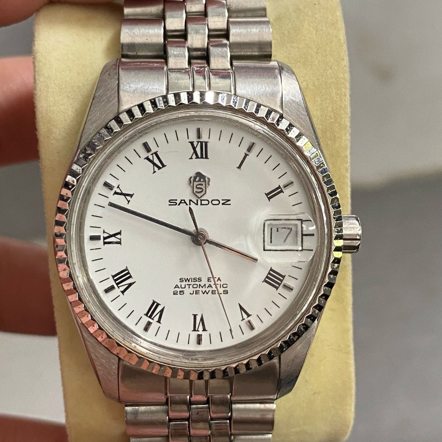 RARE Sandoz President Automatic Roman Index Diamond White Dial Swiss ETA Watch