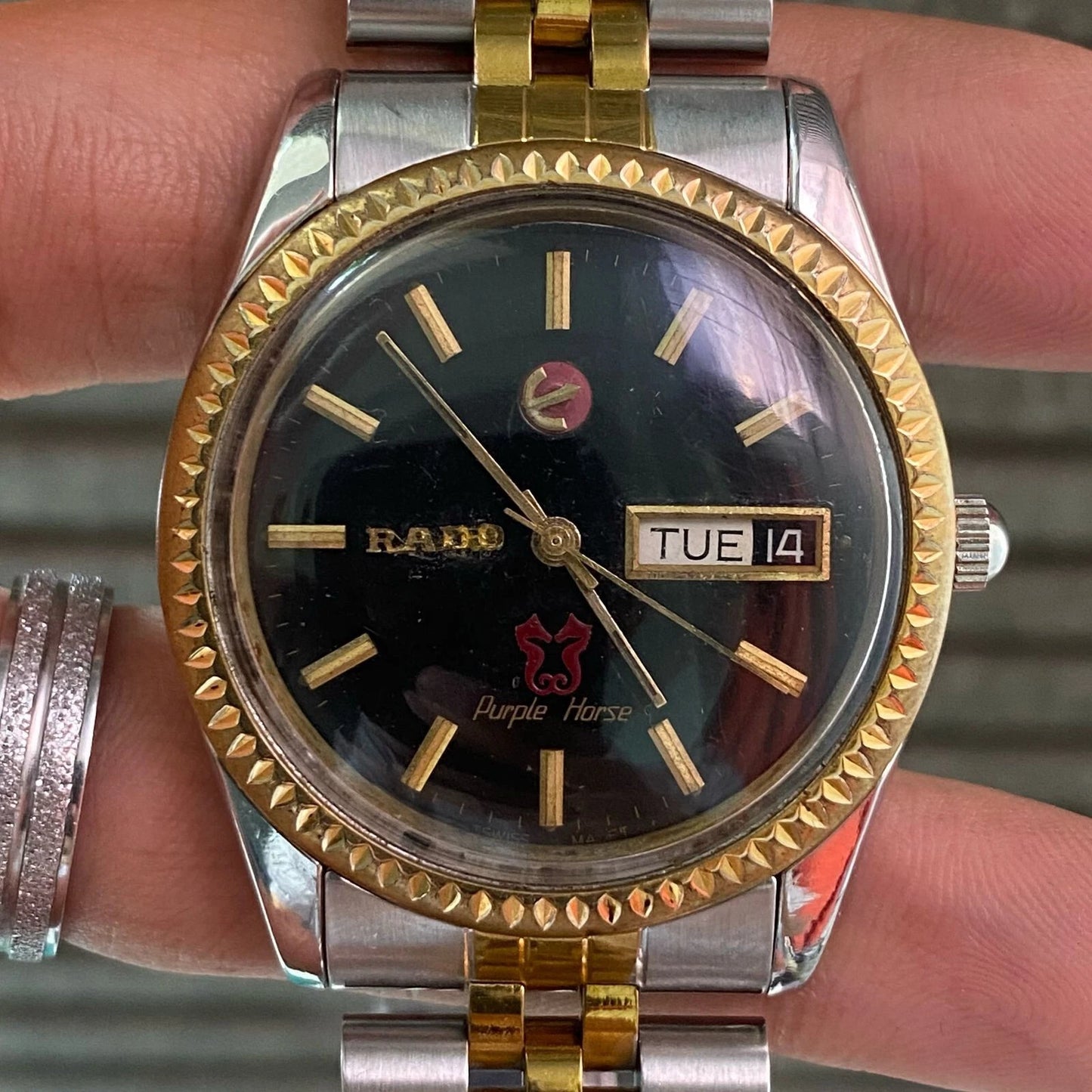 RARE Rado Purple Horse Day Date Black Dial Two Tone Automatic ETA Watch Vintage