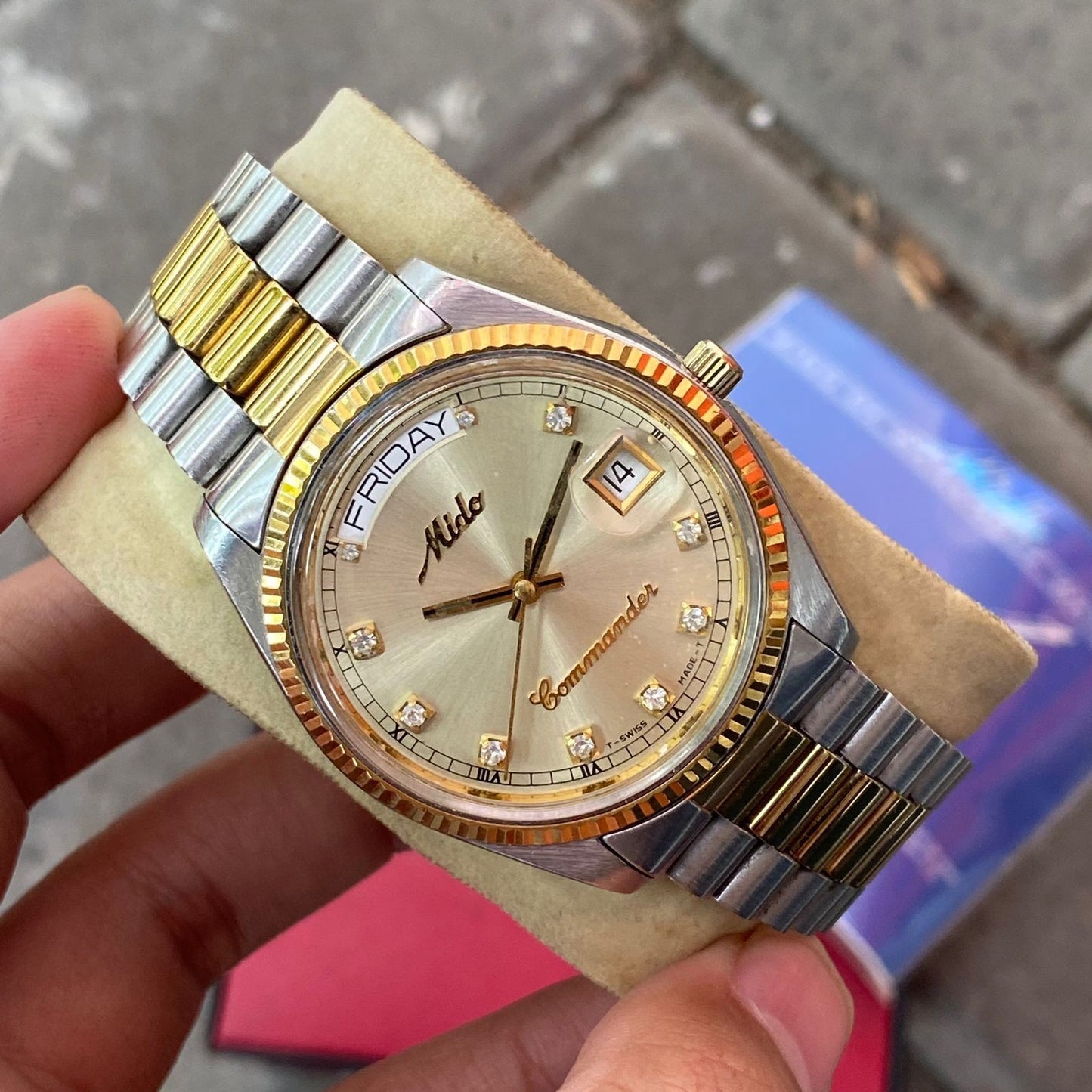 Rare Mido Commander President  Automatic Gold Dial Diamond TwoTone Watch Fullset