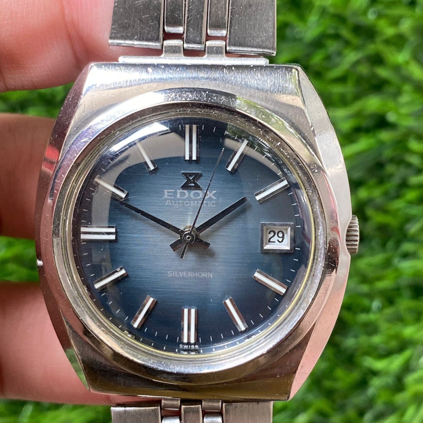 Rare Swiss Edox Silverhorn 200253 Automatic Blue Dial Sunburst Watch Swiss Men
