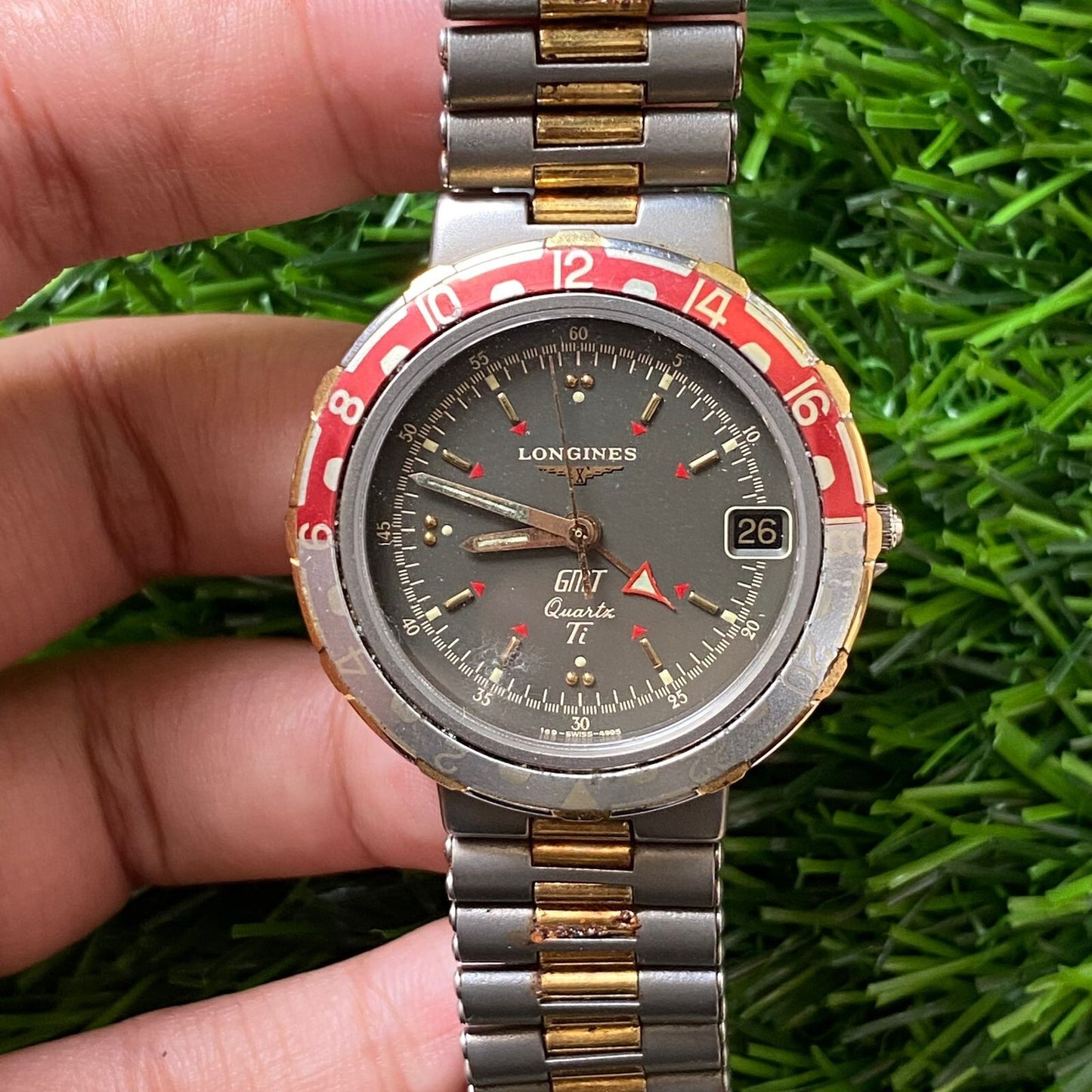 Rare LONGINES Conquest GMT Date Quartz Gray Dial Titanium Watch Swiss Men JR