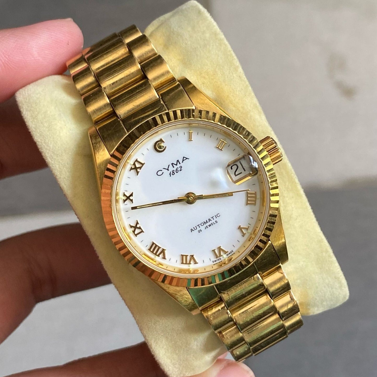 Rare Cyma Automatic Roman Index White Dial Gold Swiss Vintage Watch Boys Size