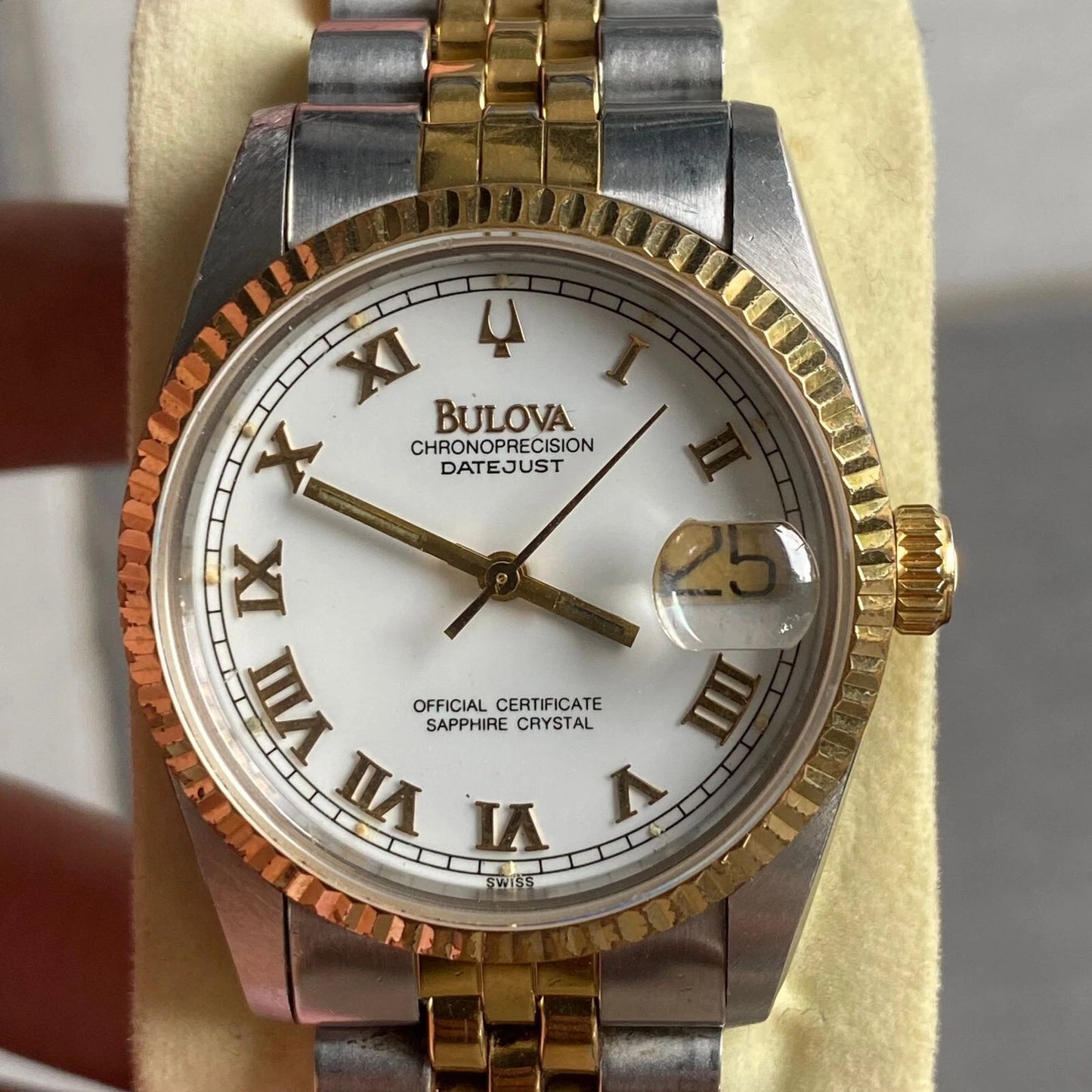 RARE Bulova Chronoprecision Date Roman Index Two Tone White Dial Watch Vintage