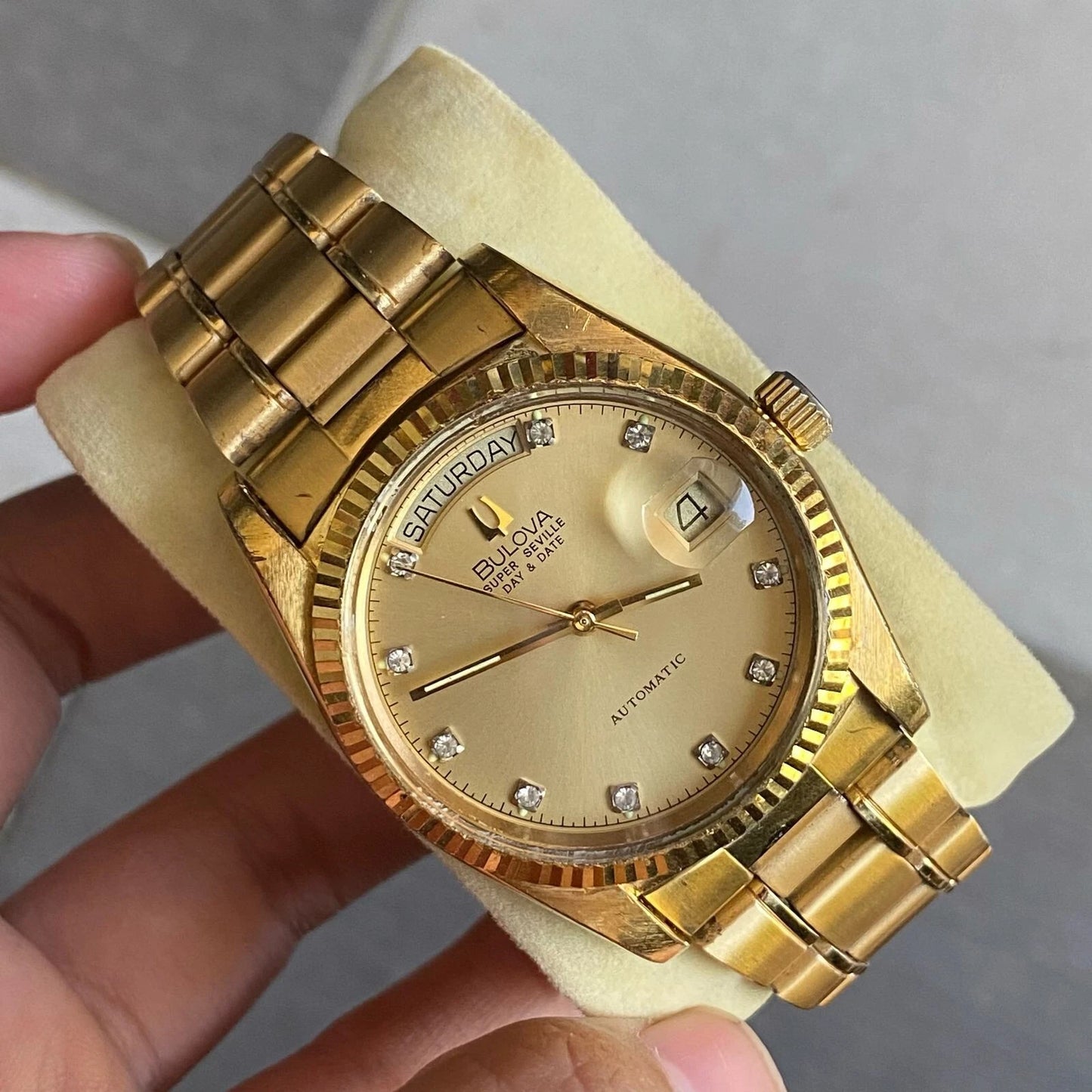 Rare Bulova President Super Seville Index Diamond Day Date Gold Automatic Watch