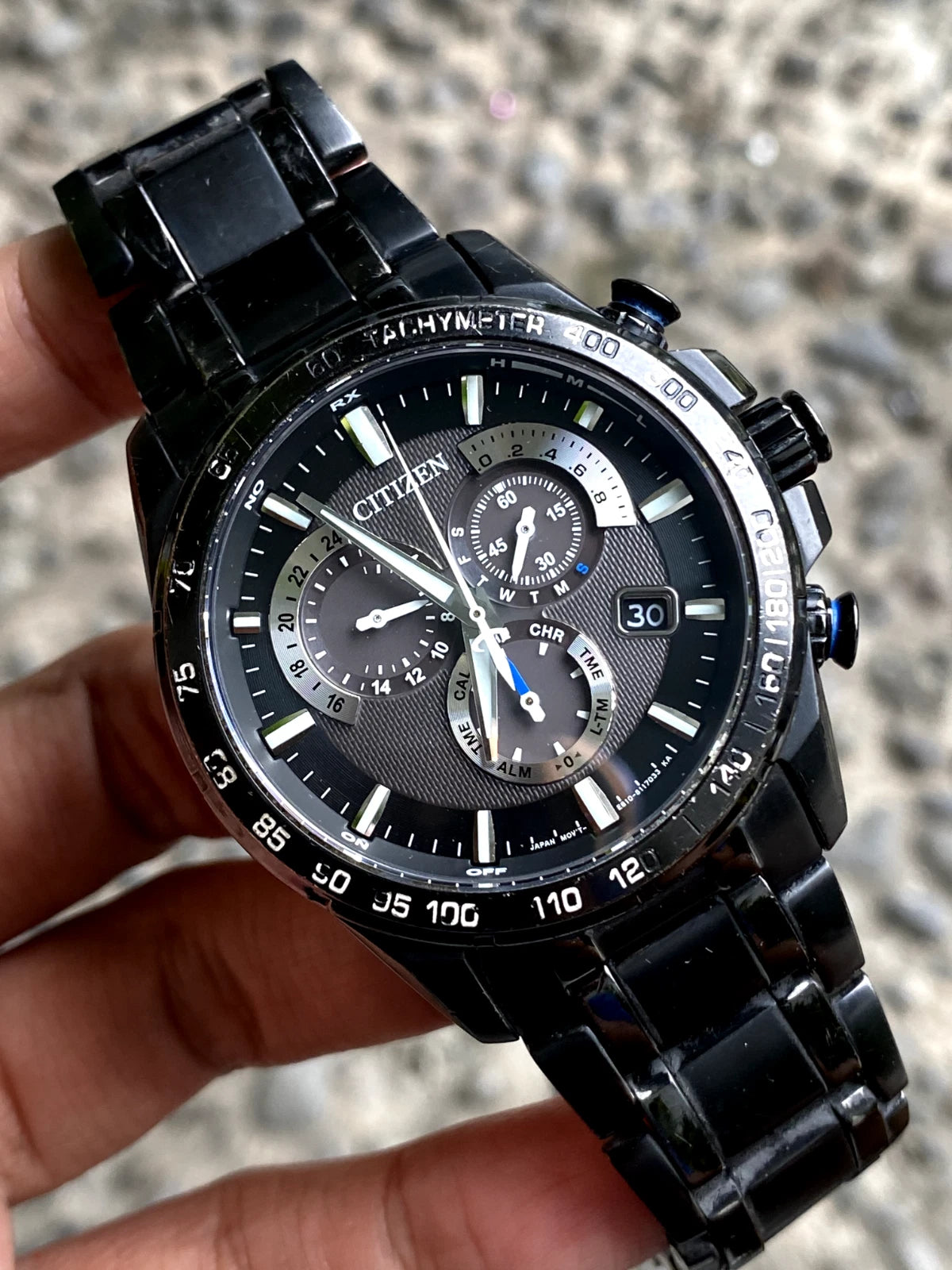 Rare Citizen Eco Drive AT3025-58E Chronograph Solar Black Dial Watch Men