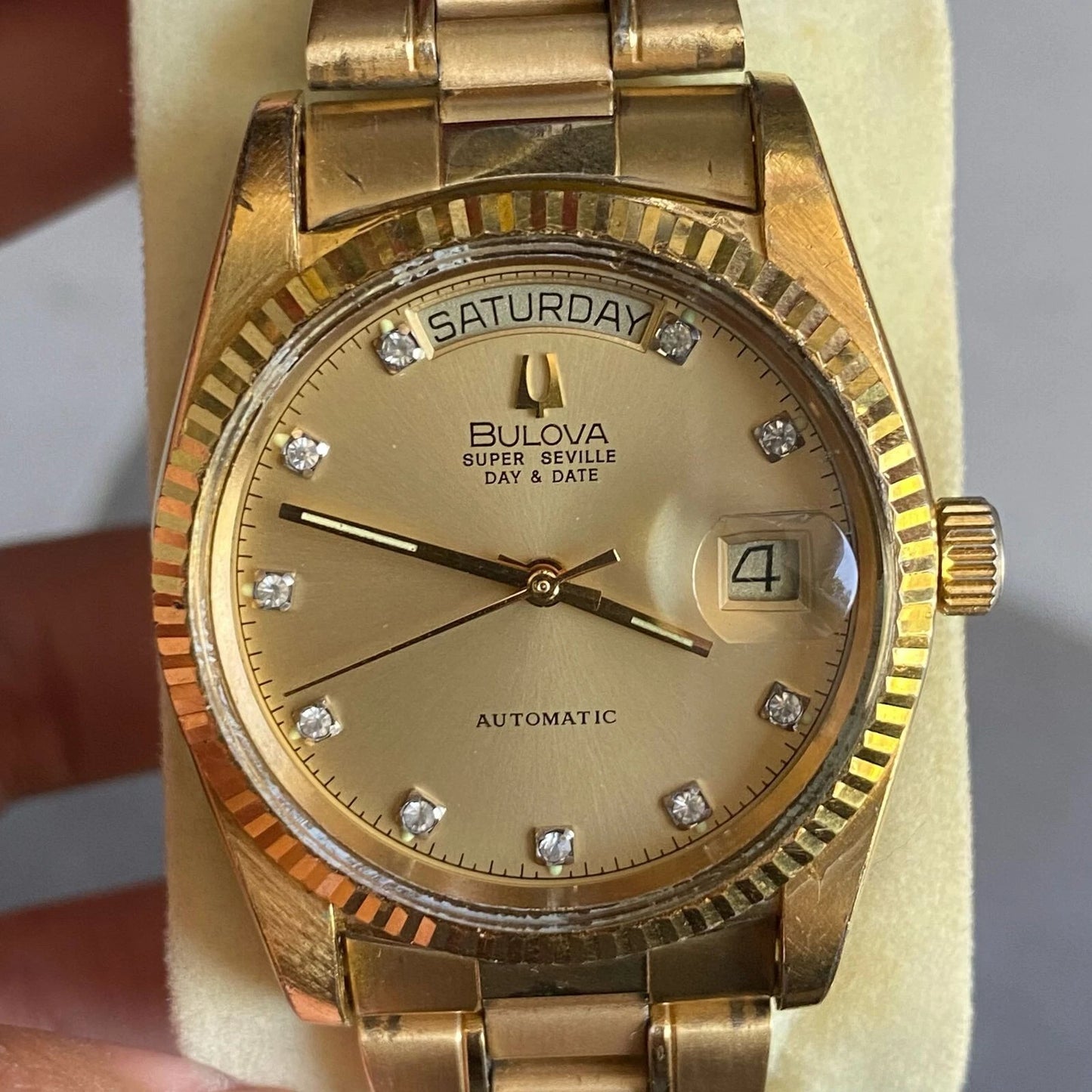 Rare Bulova President Super Seville Index Diamond Day Date Gold Automatic Watch