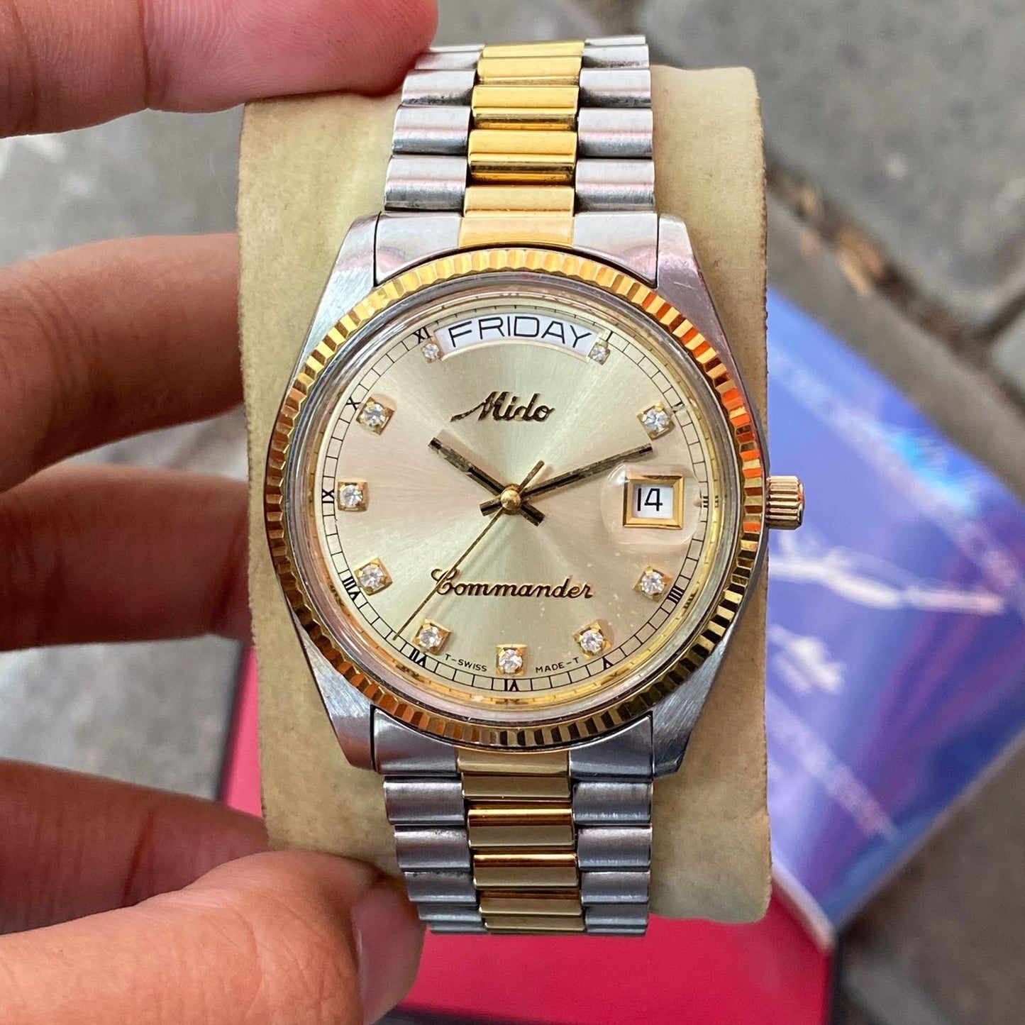 Rare Mido Commander President  Automatic Gold Dial Diamond TwoTone Watch Fullset