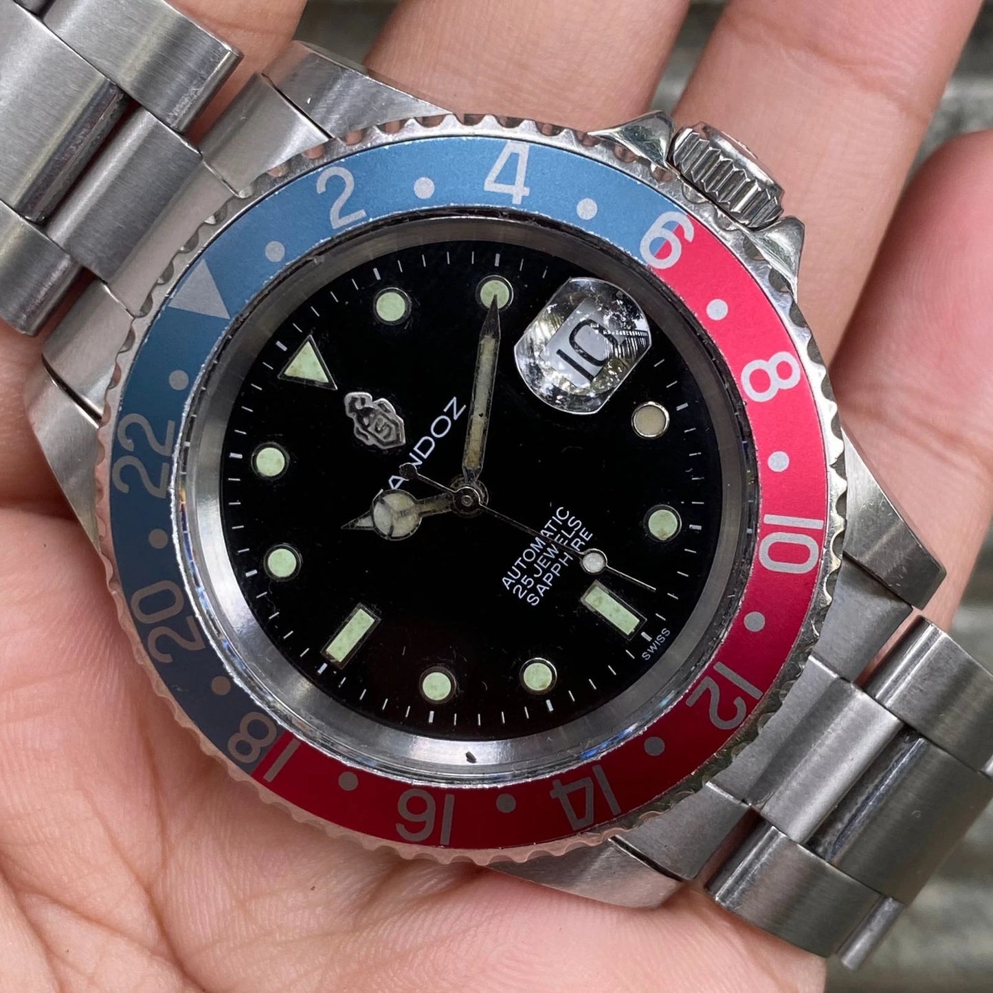 RARE Sandoz Diver Automatic Day Date Black Dial Pepsi Bezel Men Watch Diver