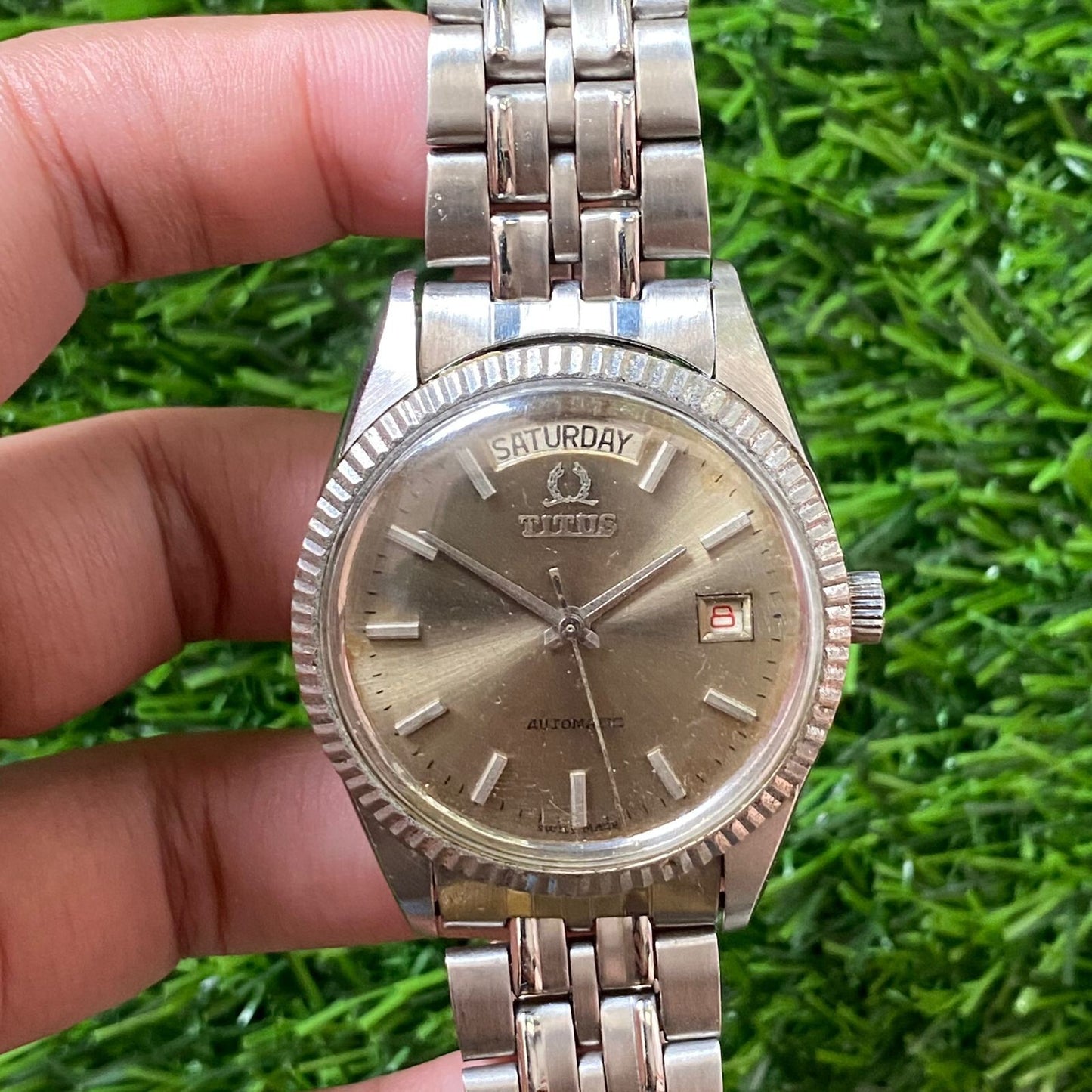 Rare Titus President Automatic Day Date Gray Dial Swiss Watch Vintage Men JR