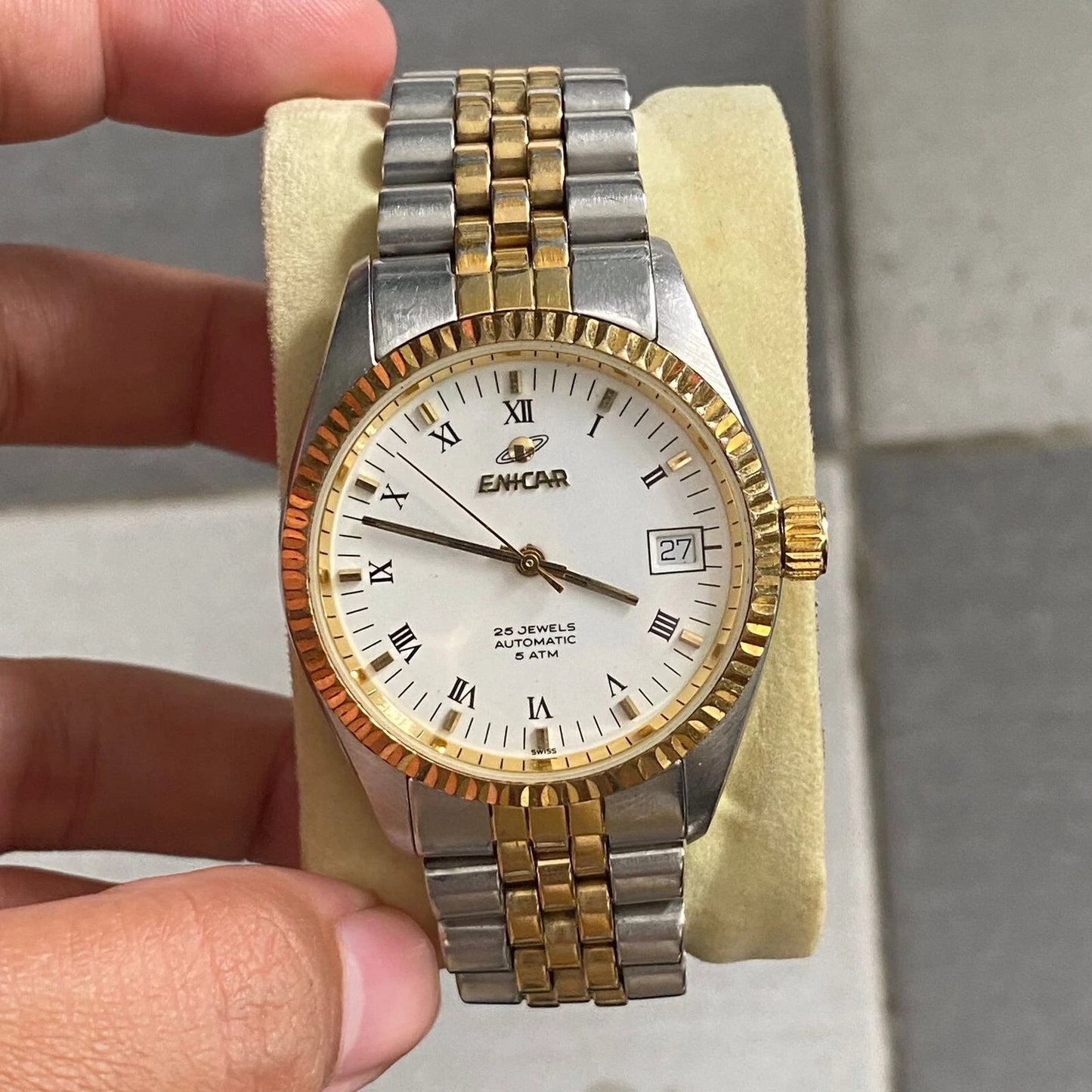 Rare Enicar Automatic 25J Roman Index White Dial TwoTone Swiss Vintage Watch Men
