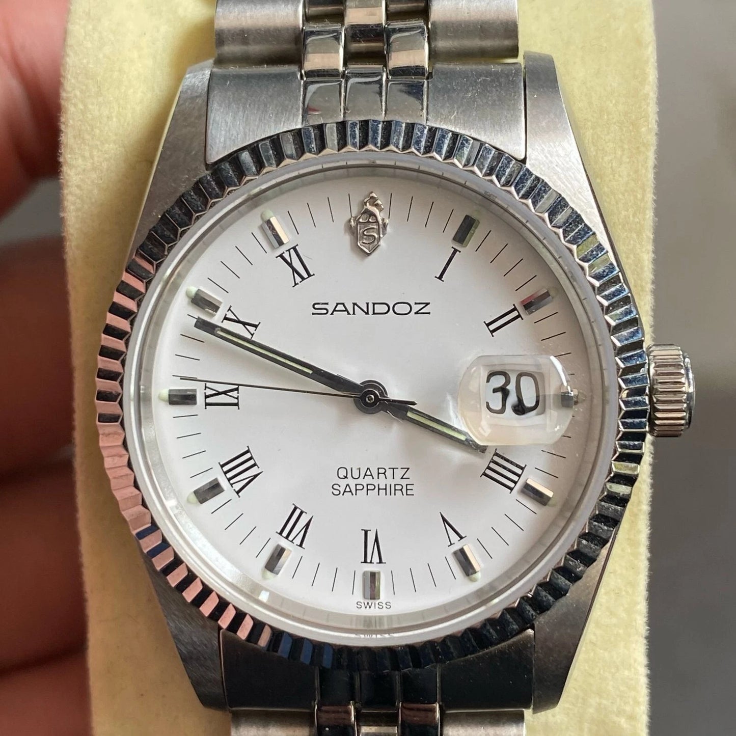 Rare Sandoz President Quartz Date Roman Index White Dial Swiss Vintage Watch Men