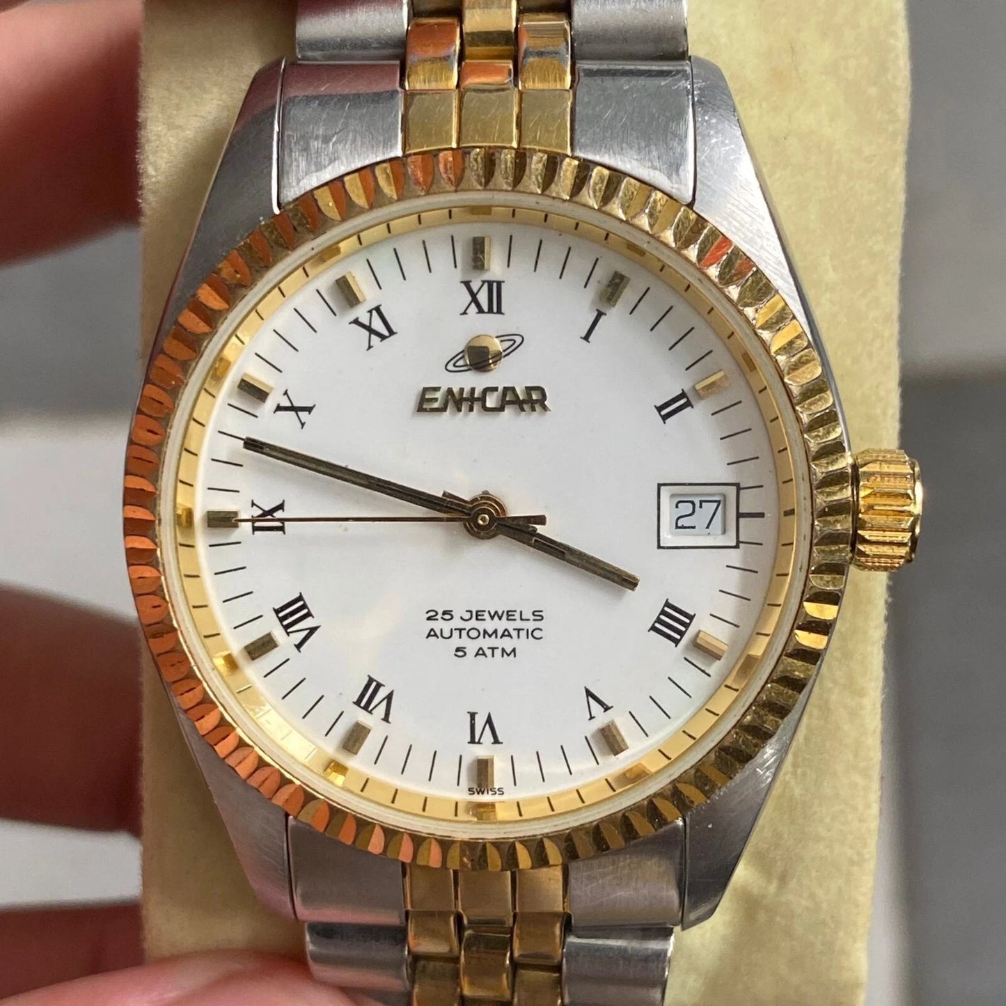 Rare Enicar Automatic 25J Roman Index White Dial TwoTone Swiss Vintage Watch Men