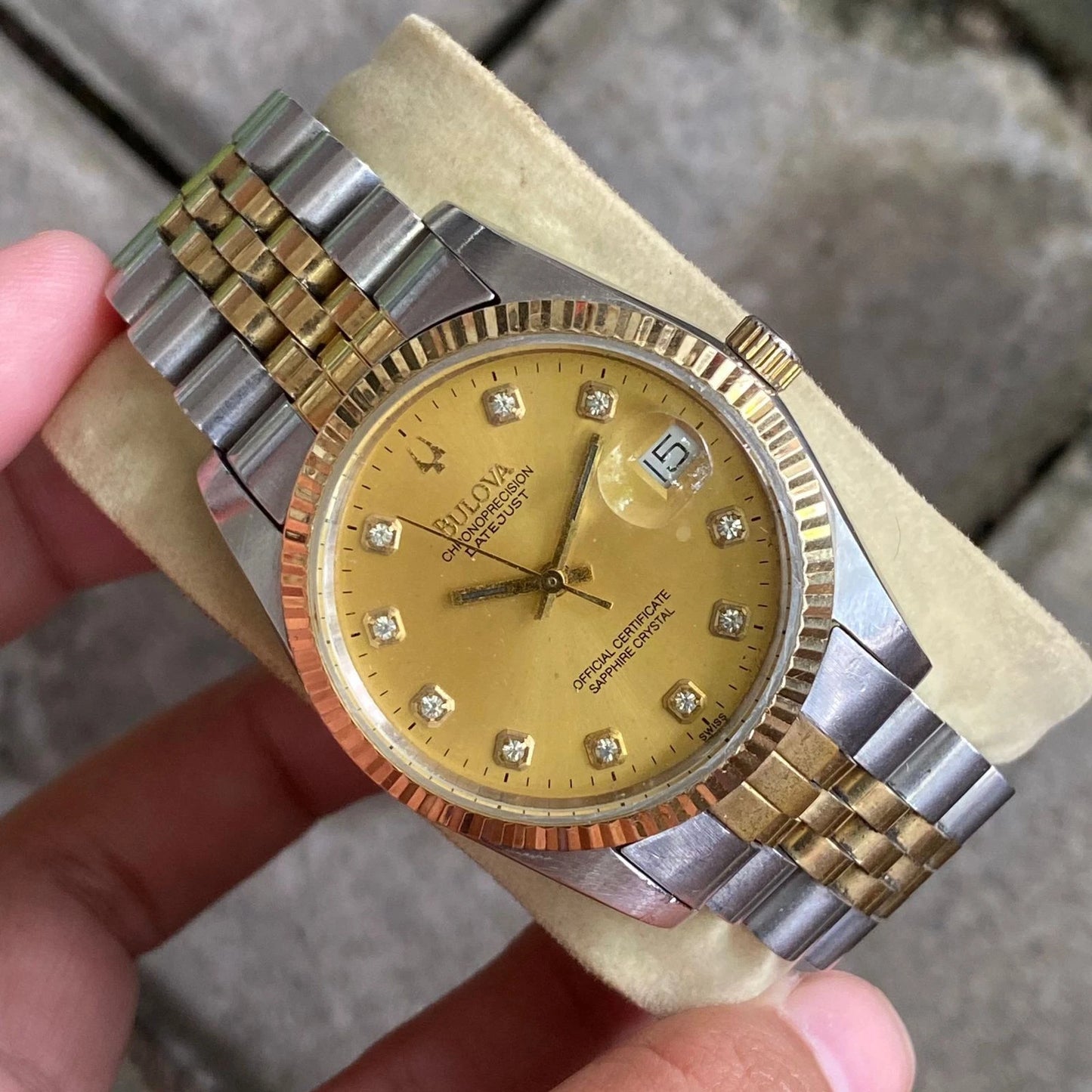 Rare Bulova Chronoprecision Date Diamond Index Gold Dial Two Tone Watch Vintage